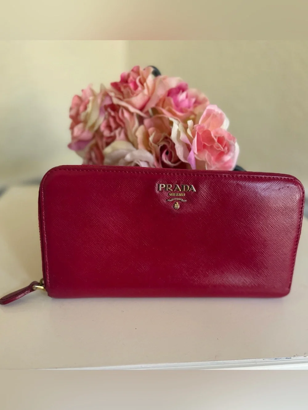 Prada Saffiano Vernice Zip-Around Wallet Clutch Berry Magenta 1ML506